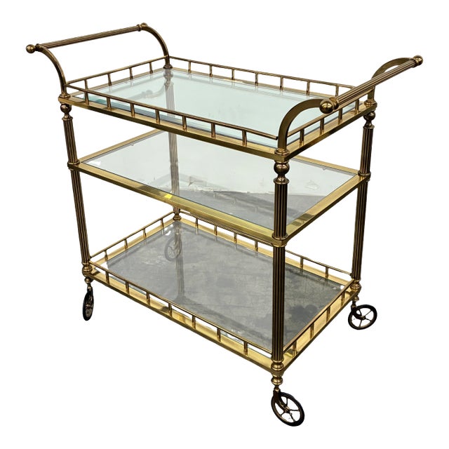 Vintage Regency Style Brass & Glass Three-Tier Bar Cart With Large Casters For Sale