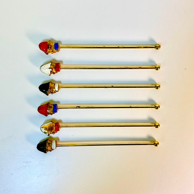 These are a delightful find, a set of 6 brass and metal French Swizzle Sticks from the Early 1900s. They have metal molded...