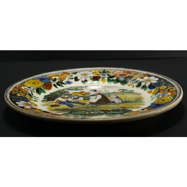 1830s Creil L &T French Faience Polychrome Transfer Plate "Le Repas Champetre" For Sale - Image 9 of 14
