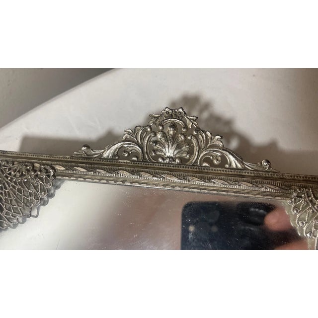 Silver Antique Silver-Plate Rectangle Foo Vanity Filigree Jewelry Vanity Mirror Tray For Sale - Image 8 of 9