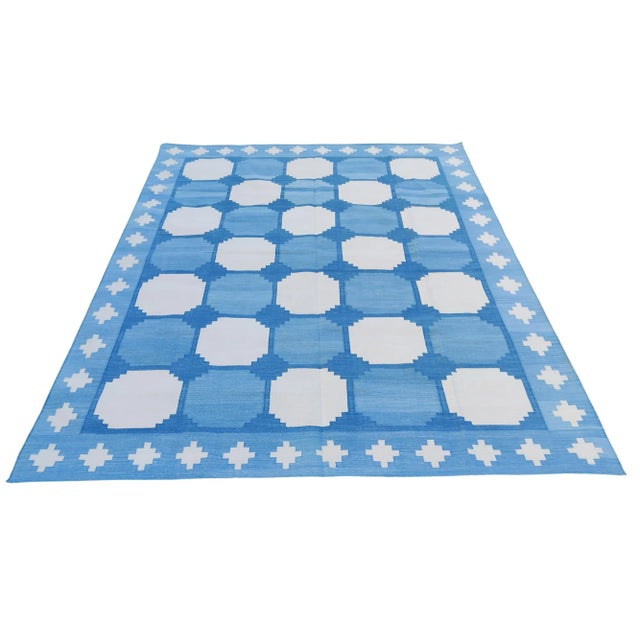Handmade Cotton Natural Vegetable Dyed Reversible Blue and White Box Pattern Vista Rug - 12'x15' For Sale - Image 11 of 11