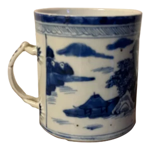 Antique 19th Century Chinese Export Blue & White Canton Porcelain Tankard Mug