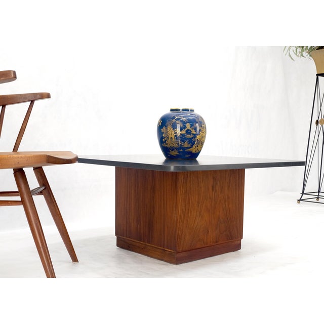 Mid-Century Modern Cube Shape Oiled Walnut Pedestal Base Square Slate Too Coffee Center Table For Sale - Image 3 of 11