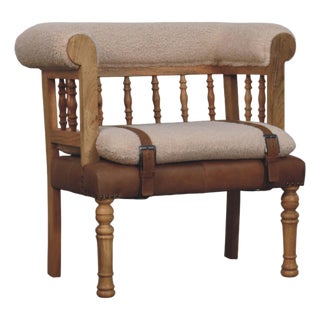 Bouclé and Leather Upholstered Bench With Spindle Back For Sale