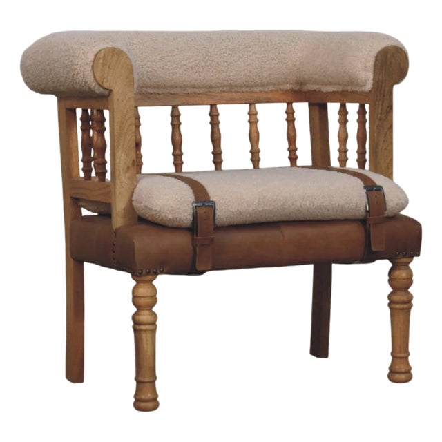 Bouclé and Leather Upholstered Bench With Spindle Back For Sale