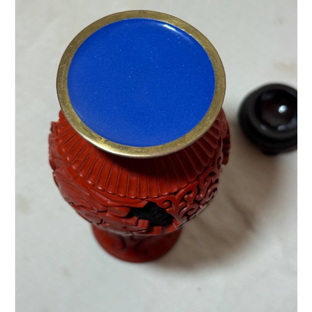 Set of 2, Vintage Handmade Chinese Carved Black Red Lacquer Cinnabar Floral Vase Urn Egg For Sale - Image 11 of 13