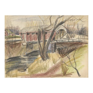 1940s Grace Spongberg Covered Bridge Drawing For Sale