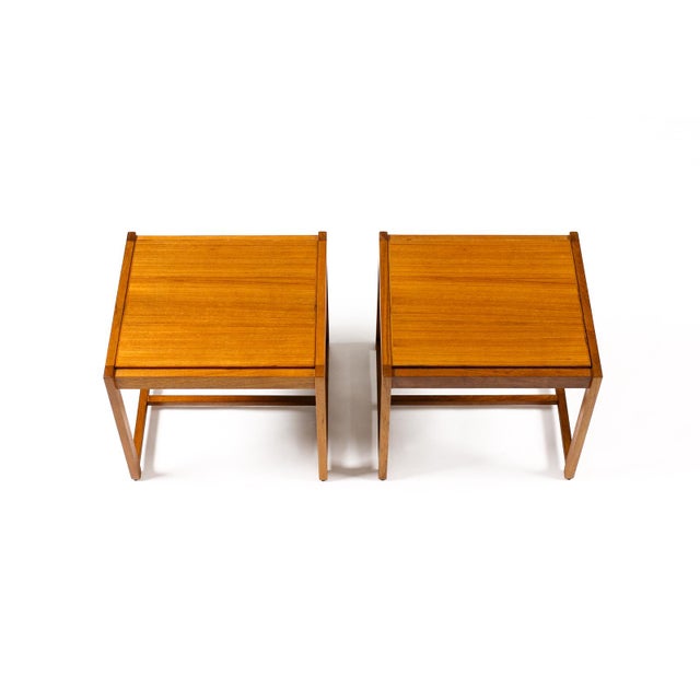 1960s 1960s Danish Modern Mid Century Teak Flip Top Ottoman Side Tables — Erik Buch — Black Leather — Pair For Sale - Image 5 of 7