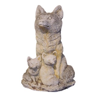 Mid-Century French Weathered Stone Garden Sculpture of Fox With Two Pups For Sale