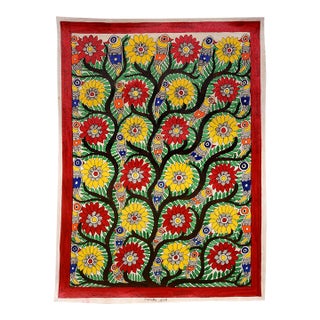 Mamta Devi, 2016 National Award Winner – Hand-Painted Madhubani Folk Painting on Canvas, Tree of Life With Colorful Birds & Red-Yellow Flowers For Sale