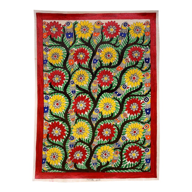 Mamta Devi, 2016 National Award Winner – Hand-Painted Madhubani Folk Painting on Canvas, Tree of Life With Colorful Birds & Red-Yellow Flowers For Sale