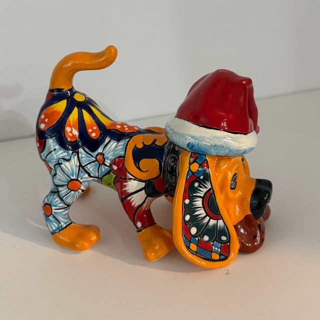 Talavera Mexican Pottery Dog Hound, Christmas Puppy, Hand Painted Dog Statue For Sale - Image 4 of 12