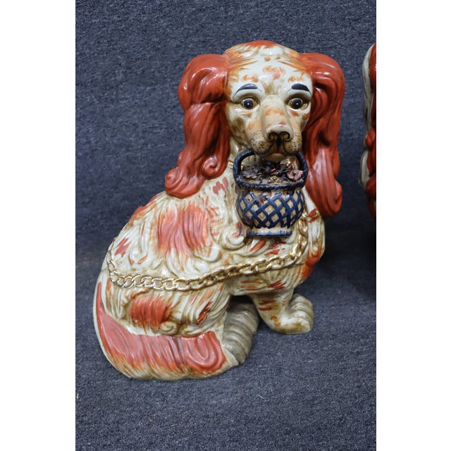 Mid 20th Century Oversized Pair of Staffordshire Style Spaniel Dog Figurines With Baskets For Sale - Image 5 of 10