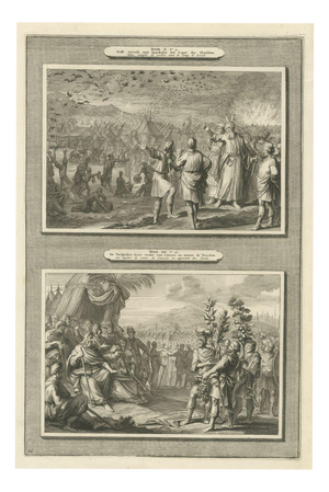 Pieter Mortier, Quails in the Camp and the Spies Return from Canaan, 1700, Engraving