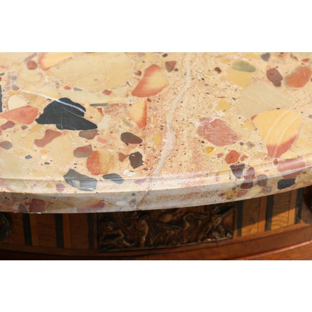 Pair Antique French Louis XV Style Marble Top Inlaid Wood Nightstands, Circa 1940s For Sale - Image 12 of 18