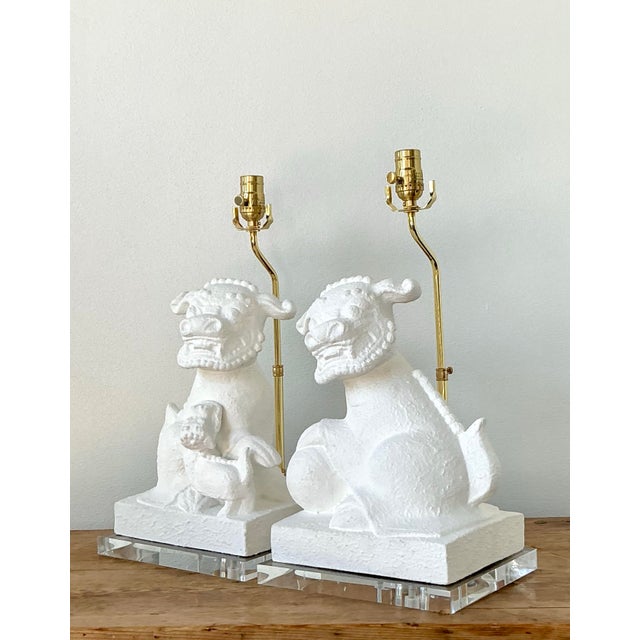 Metal Vintage Asian Textured Foo Dog Lamps - A Pair For Sale - Image 7 of 12