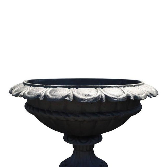 1900 - 1909 Pair of Antique Cast Iron Garden Urns With Stylized Floral Bases C1900 For Sale - Image 5 of 7