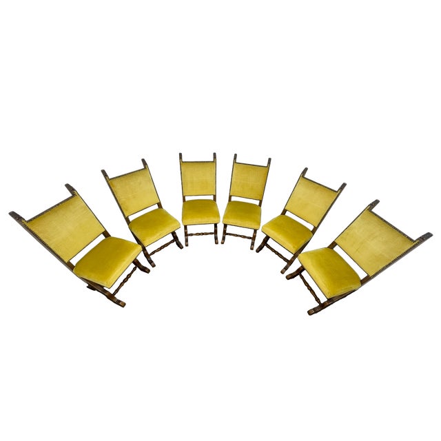 1970s Set of 6 Spanish Revival Mahogany Dining Chairs With Yellow Velvet Upholstery, 1970s For Sale - Image 5 of 17