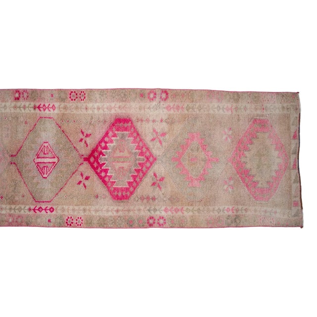 Rose Hand-Knotted Turkish Runner Rug . Low Pile Hallway Decor - 2′6″ × 12′10″ For Sale - Image 8 of 10