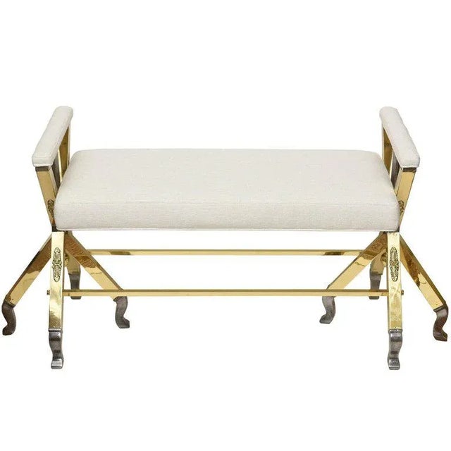 Off-white Vintage Brass, Steel and Off White Upholstered 3-Legged Bench Mid Century Modern 50's For Sale - Image 8 of 8