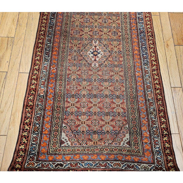 Antique Persian Serab Camel Hair Runner Rug, Hand-Knotted Wool, Geometric Pattern, Red & Green, 3x13 For Sale - Image 11 of 17