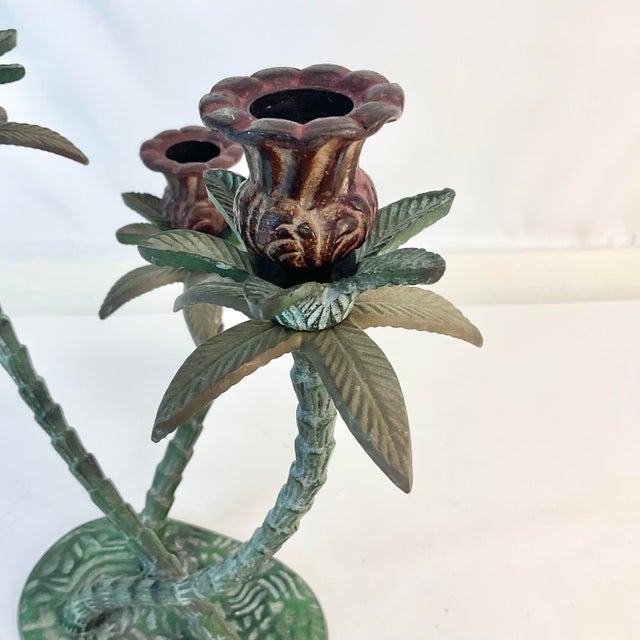 1970s Vintage Coastal Boho Chic Tole Palm Tree 3-Arm Candelabra. For Sale - Image 9 of 11