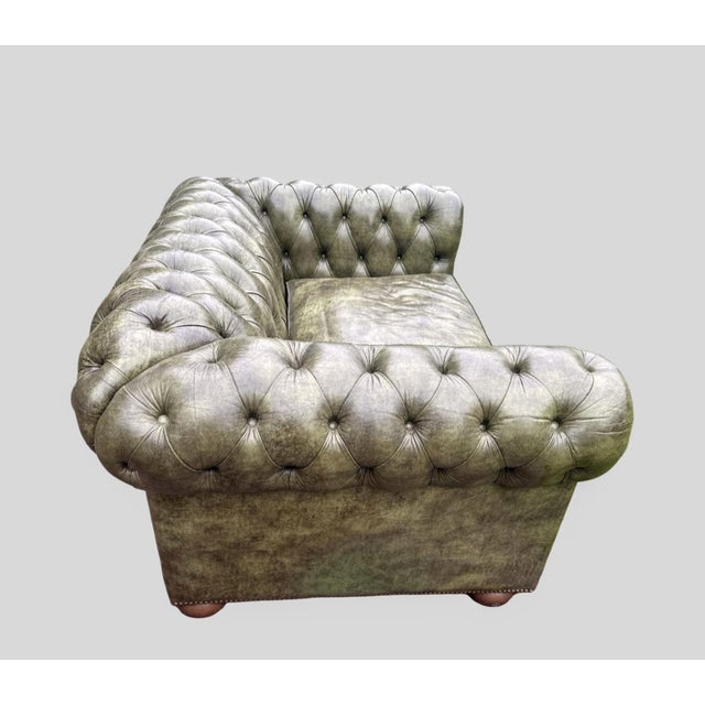 Olive Avery Boardman Designer Green Leather Chesterfield Loveseat For Sale - Image 8 of 8