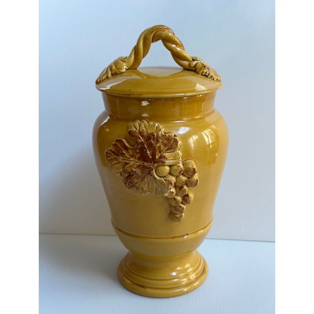 1980s Arte Italica "Sole Mustard" Ceramic 13" Tall Yellow Jar With Lid Grapes Leaves Design Made in Italy For Sale In New York - Image 6 of 18