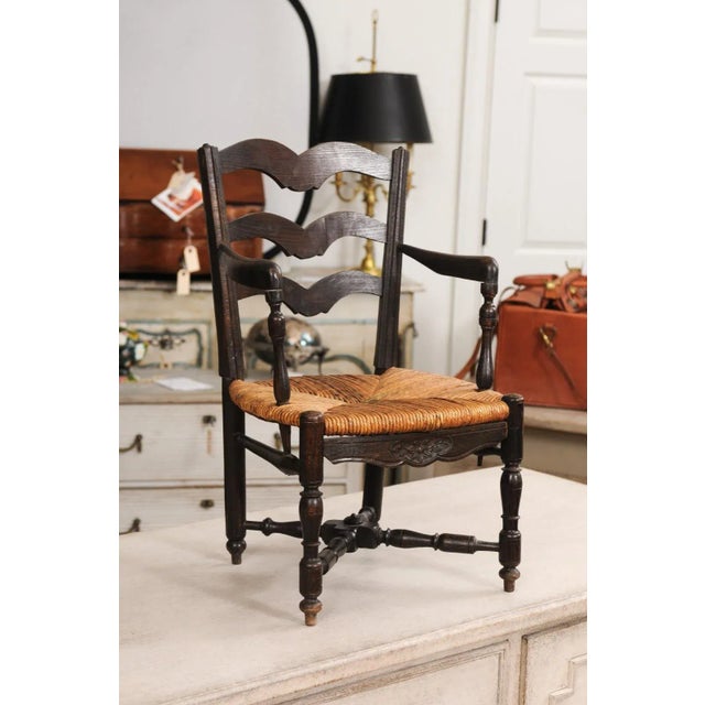 French Rustic Dark Oak 19th Century Child's Chair with Ladder Back and Rush Seat For Sale - Image 9 of 12