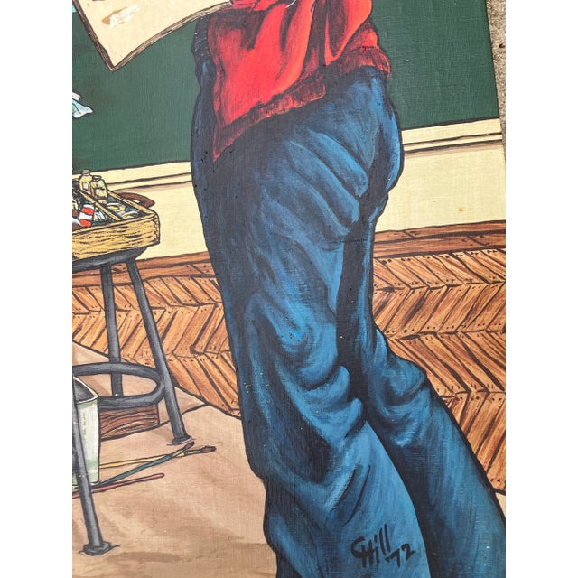 Figurative 1970’s Original Large Artist in Her Studio Painting Signed For Sale - Image 3 of 6