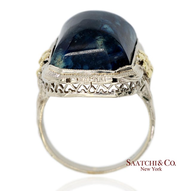 14k Two Tone Yellow and White Gold Blue Stone Ornate Floral Motif Ring, Size 5.25 For Sale In New York - Image 6 of 13
