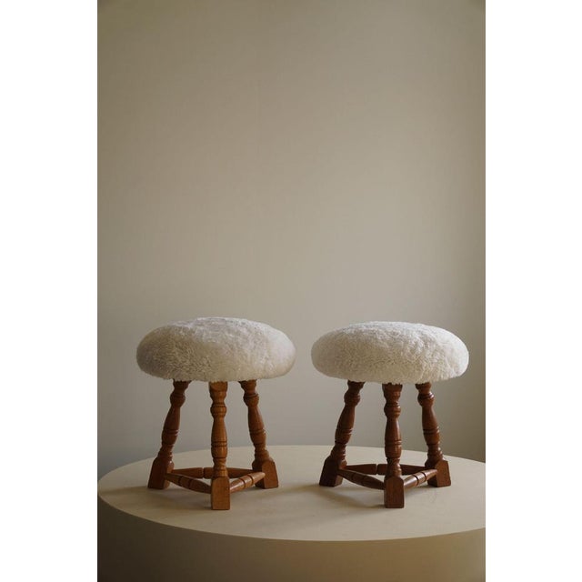 Set of Danish Modern Tripod Stools with Lambswool Seats, 1950s For Sale - Image 12 of 17