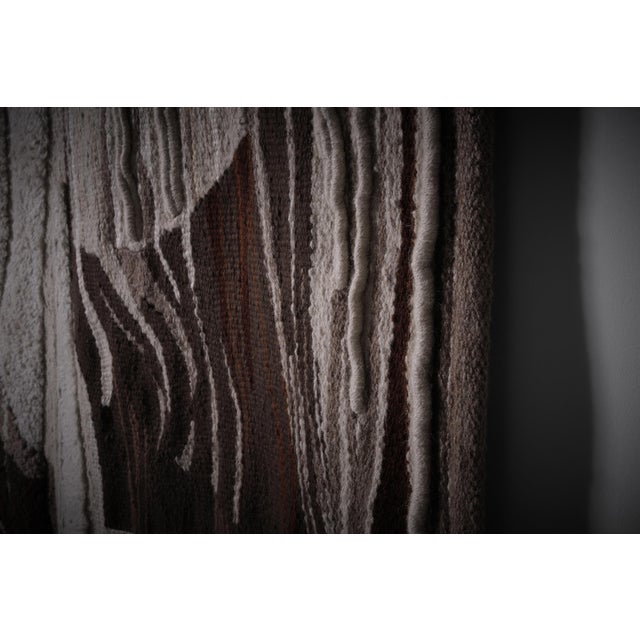 Abstract wall tapestry, France 1960s. The tapestry is hand knotted with the use of off-white, dark brown, chocolate brown,...