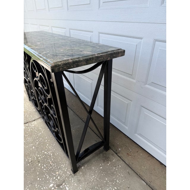 1990s Vintage Mediterranean Wrought Iron Console Table With Stone Top For Sale - Image 5 of 16