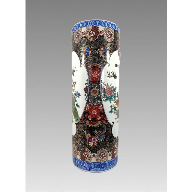 Imari Porcelain Large Chinese White Porcelain Imari Style Umbrella Stand With Green Peacocks & Floral Scenes For Sale - Image 4 of 11
