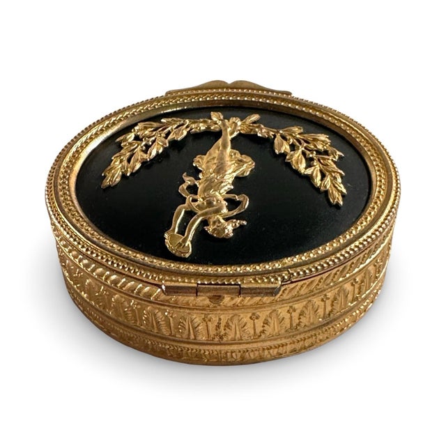 Antique French Neoclassical Ormolu Box With Dancing Muse & Stripe Tapestry Lining, Belle Époque, Circa 1900 For Sale - Image 9 of 12