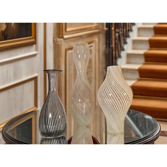 Dino Martens Murano Mezza Filigrana Art Glass White and White and Black Pin Stripe Swirl Vases- Set of 3 For Sale - Image 4 of 18