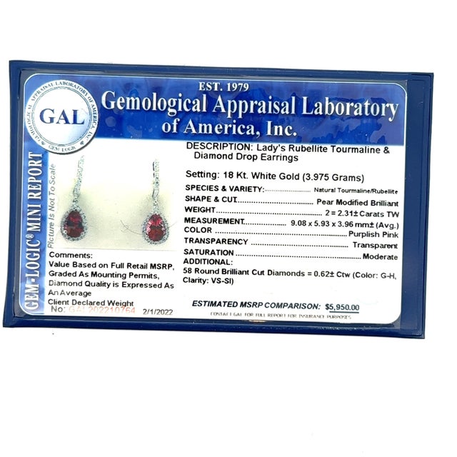 Diamond Rubellite Tourmaline Drop Earrings 18k W Gold 2.93 TCW Certified For Sale - Image 9 of 12
