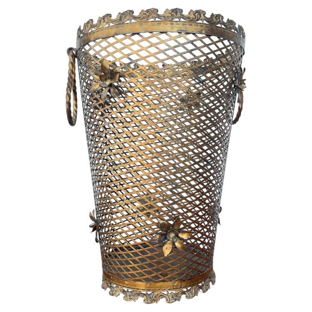 Brass Perforated Umbrella Stand with Detailed Flowers, 1950 For Sale - Image 9 of 9
