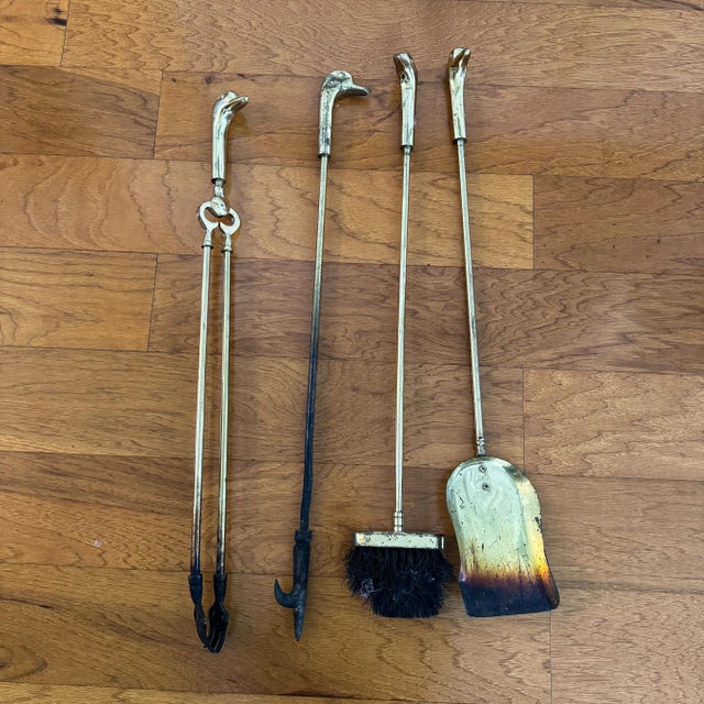 Brass Vintage Brass Mallard Duck Fireplace Tool Set: 5-Piece Figural Fire Tools For Sale - Image 8 of 10