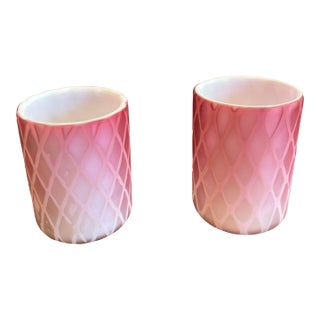 Antique Victorian Pink Cased Diamond Quilted Satin Glass Vase and Tumbler Pair Set For Sale