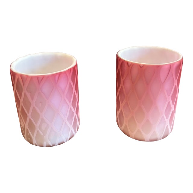 Antique Victorian Pink Cased Diamond Quilted Satin Glass Vase and Tumbler Pair Set For Sale