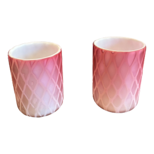 Antique Victorian Pink Cased Diamond Quilted Satin Glass Vase and Tumbler Pair Set