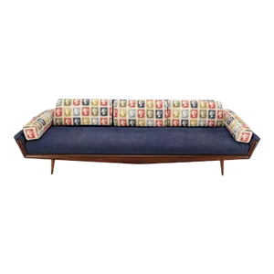 Adrian Pearsall Mid-Century Walnut Frame Stamps Theme Upholstery Gondola Sofa