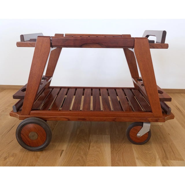 1990s Tricomfort Solid Rosewood Large Wheel Outdoor Indoor Serving Cart Made in France For Sale - Image 5 of 12