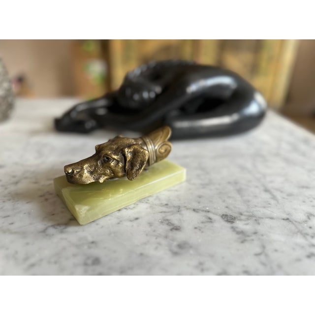 Gold Brass Dog Head Letter Clip on Green Onyx Base, Germany, 1920s For Sale - Image 8 of 13