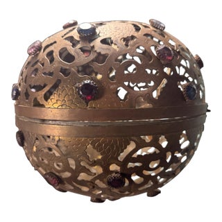 Vintage Japan Ornate Cut Out Brass Hanging Lamp Light Fixture W Faceted Jewels For Sale