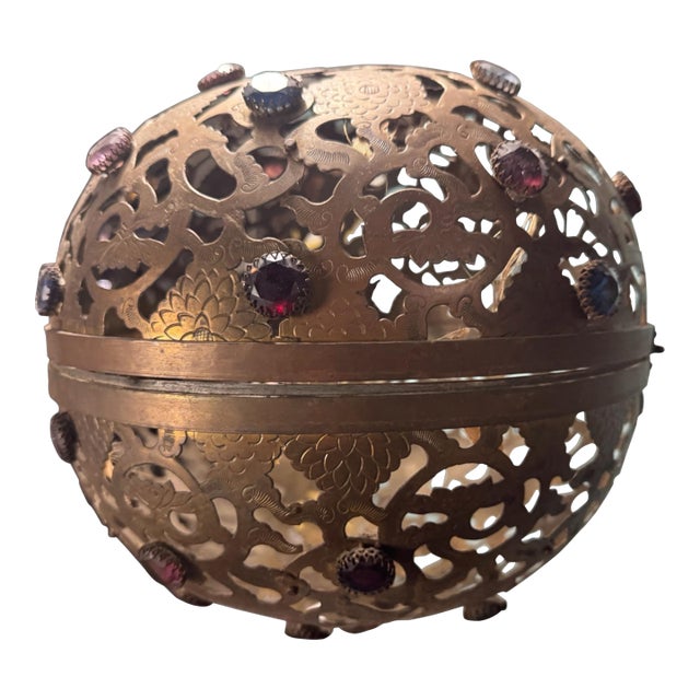 Vintage Japan Ornate Cut Out Brass Hanging Lamp Light Fixture W Faceted Jewels For Sale