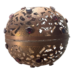 Vintage Japan Ornate Cut Out Brass Hanging Lamp Light Fixture W Faceted Jewels