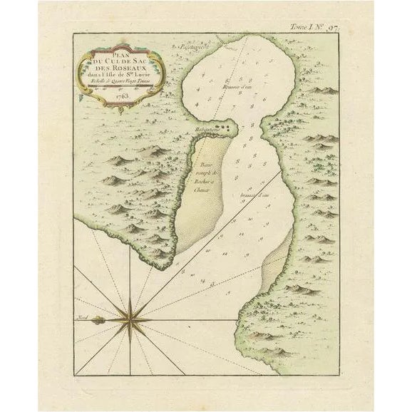 Handcolored Engraved Map of Roseaux, St. Lucia Island by Bellin, 1763 For Sale